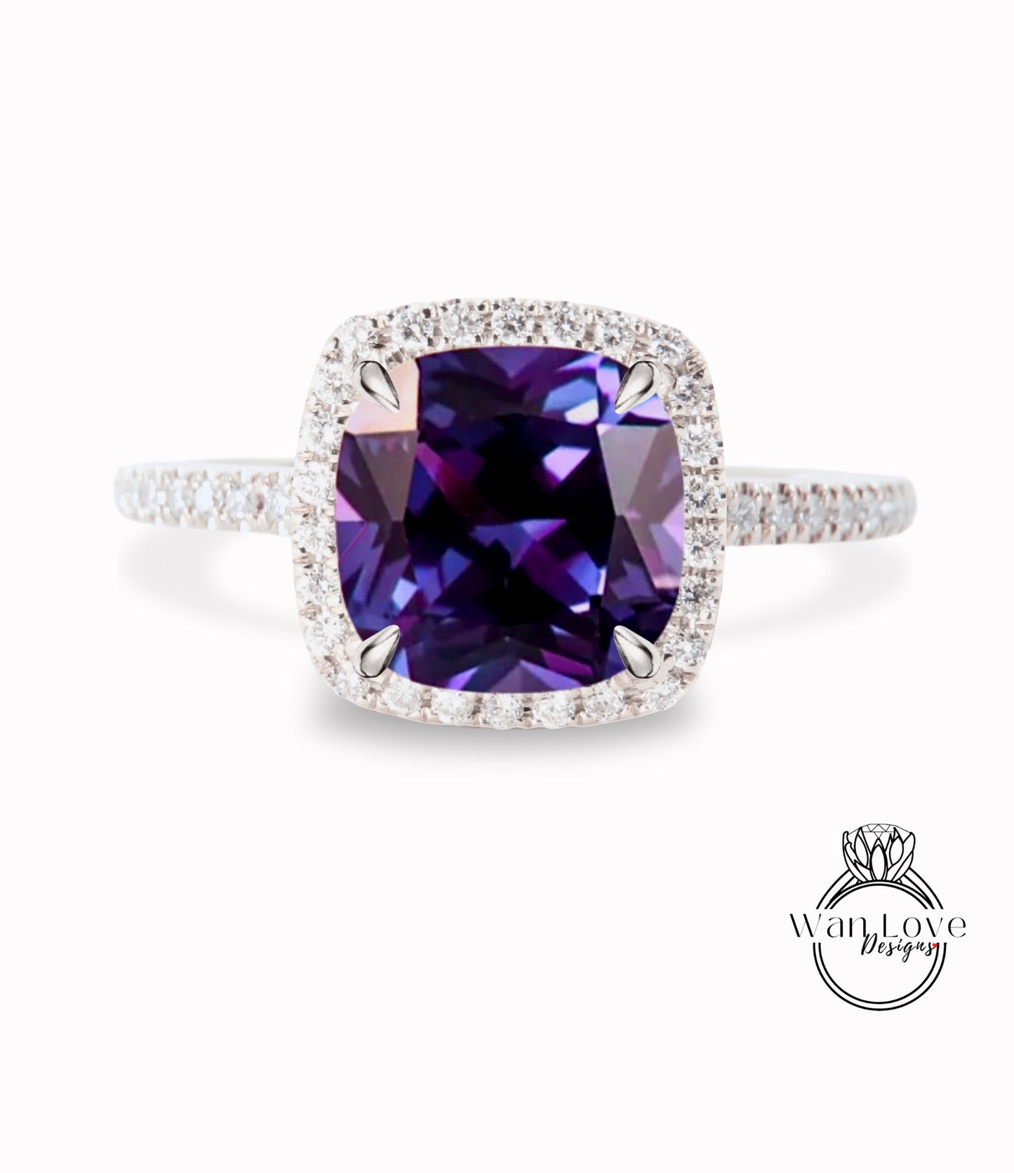 Purple Sapphire Alexandrite Color & Diamond Cushion Halo Engagement Ring, Half Eternity Rose White Gold ring Custom, Bridal Wedding ring, Anniversary Gift