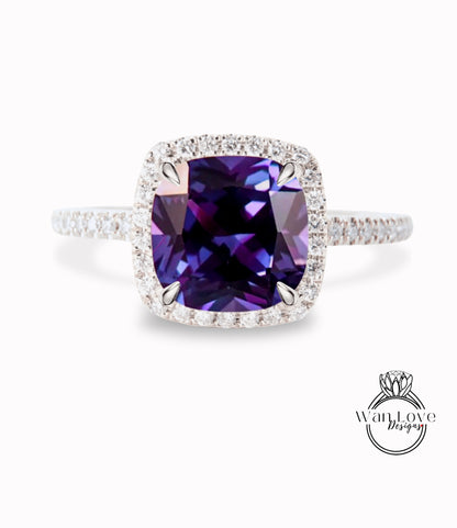 Purple Sapphire Alexandrite Color & Diamond Cushion Halo Engagement Ring, Half Eternity Rose White Gold ring Custom, Bridal Wedding ring, Anniversary Gift
