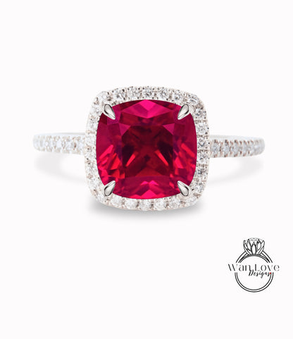 Cushion cut Ruby engagement ring vintage Art deco rose gold diamond halo ring Red Ruby birthstone Bridal wedding Anniversary promise ring