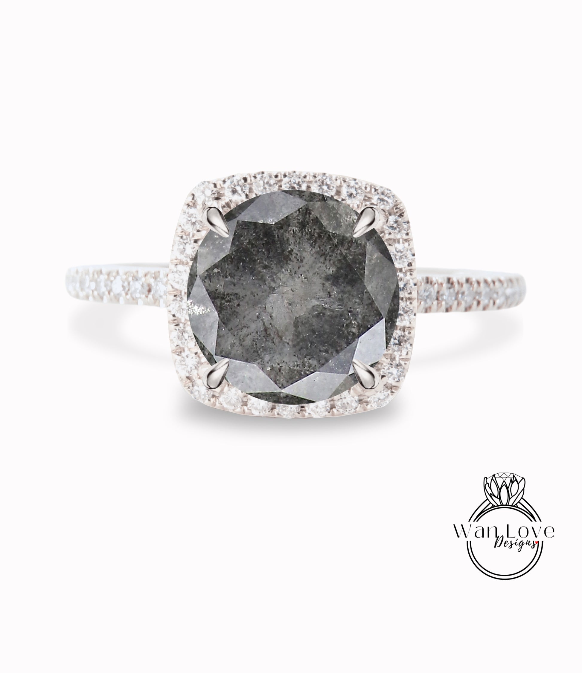 Salt Pepper Diamond Cushion Halo Engagement Ring, Galaxy, Round cut diamond halo prong engagement ring gold Salt and Pepper diamond ring