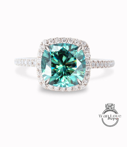 Teal Blue Green Moissanite & Diamond Cushion Halo Engagement Ring, Half Eternity Rose White Gold ring Custom, Bridal Wedding ring, Anniversary Gift
