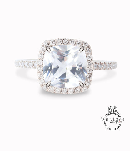 White Sapphire & Diamond Cushion Halo Engagement Ring, Half Eternity Rose White Gold ring Custom, Bridal Wedding ring, Anniversary Gift