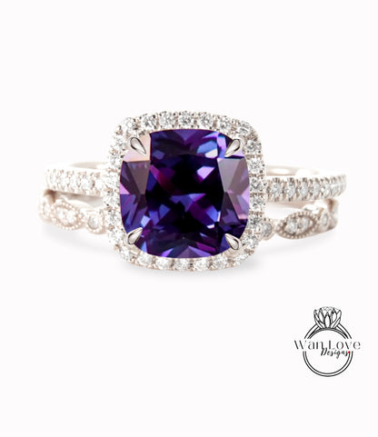 Purple Sapphire Alexandrite Color & Diamond Cushion Halo Engagement Ring Set, Wedding Band, Round, Custom,14k White Yellow Rose Gold