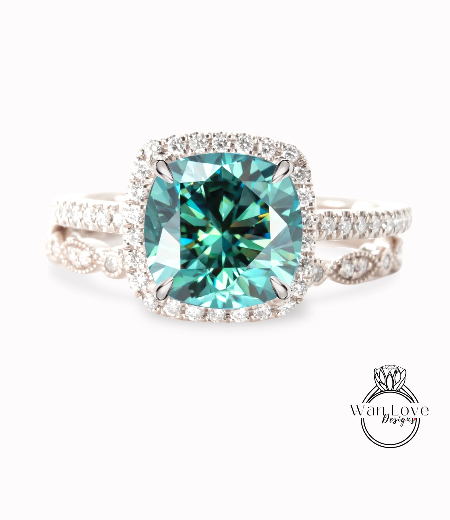 Set di anelli di fidanzamento con Moissanite blu e diamanti Halo, fede nuziale con foglia di eternità completa, oro rosa giallo bianco 14k 18k-platino-personalizzato
