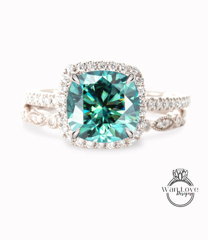 Set di anelli di fidanzamento con Moissanite blu e diamanti Halo, fede nuziale con foglia di eternità completa, oro rosa giallo bianco 14k 18k-platino-personalizzato
