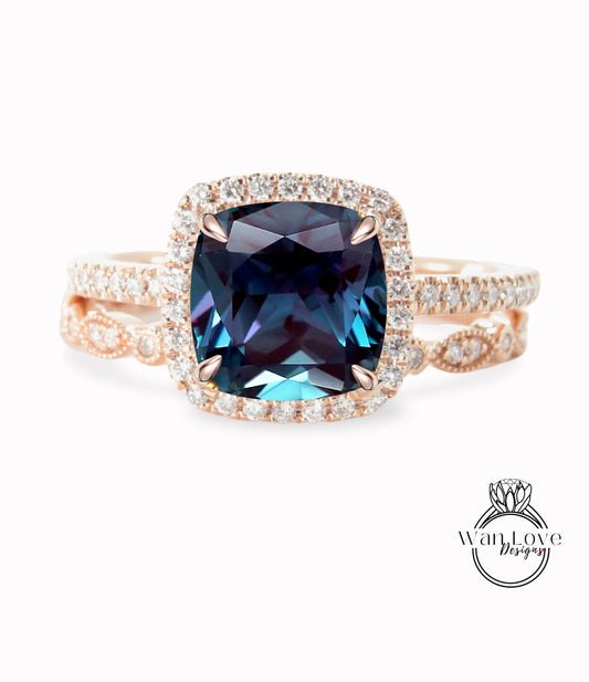 Alexandrite & Diamond Cushion Halo Engagement Ring, Wedding Band Set, Round cut Ring, Custom-14k 18k White Yellow Rose Gold-Platinum