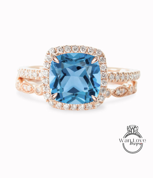 Aquamarine Blue Spinel & Diamond Cushion Halo Engagement Ring, Milgrain Leaf Wedding Band Set, 14k 18k White Yellow Rose Gold-Custom