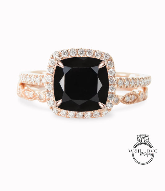 Black Spinel & Diamond Halo Engagement Ring Set, Full Eternity Leaf Wedding Band, 14k 18k White Yellow Rose Gold-Platinum-Custom