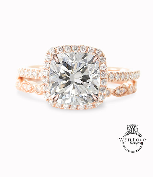 Cuscino di diamanti Anello di fidanzamento con foglia Milgrain Set di fedi nuziali IGI CVD HPHT Lab Diamanti personalizzati, 14k 18k Bianco Giallo Oro rosa-Platino