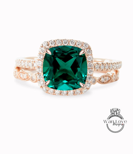 Anello di fidanzamento Halo con cuscino di smeraldi e diamanti, set di fedi nuziali, rotondo, 14k 18k bianco giallo oro rosa, platino, personalizzato