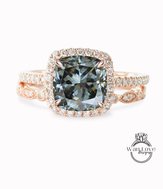 Gray Moissanite & Diamond Halo Engagement Ring Set, Full Eternity Leaf Wedding Band, 14k 18k White Yellow Rose Gold-Platinum-Custom