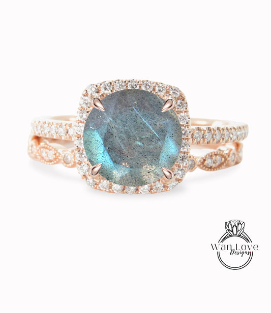 Labradorite & Diamond Halo Engagement Ring Set, Full Eternity Leaf Wedding Band Ring, 14k 18k White Yellow Rose Gold-Platinum-Custom