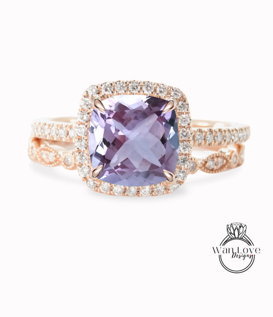 Cushion Halo Vintage Milgrain Engagement Ring&Scalloped Wedding Band in 14k White Gold,Lavender Bridal Ring,Amethyst Rings by WanLoveDesigns