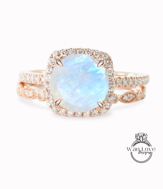 Moonstone & Diamond Cushion Halo Engagement Ring,Milgrain Leaf Wedding Band Set,Round, 14k 18k White Yellow Rose Gold-Platinum-Custom