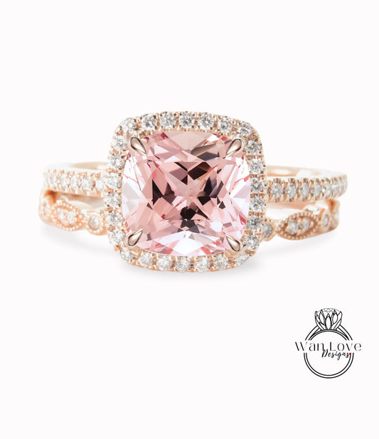 Anello di fidanzamento con zaffiro pesca Set Anello in oro rosa con diamanti vintage Halo Set da sposa Anello da sposa antico milgrain Anello anniversario nuziale