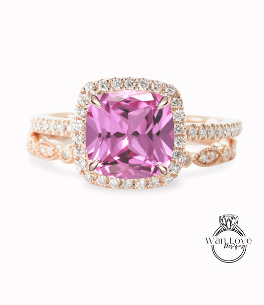 Pink Sapphire & Diamond Cushion Halo Engagement Ring Set Wedding Band 14k 18k White Yellow Rose Gold-Platinum-Custom-Anniversary-Round