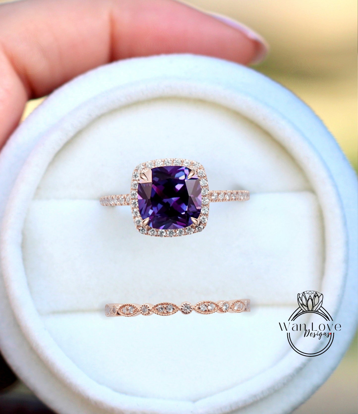 Purple Sapphire Alexandrite Color & Diamond Cushion Halo Engagement Ring Set, Wedding Band, Round, Custom,14k White Yellow Rose Gold