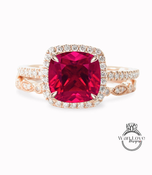 Ruby & Diamond Cushion Halo Engagement Ring Set, Wedding Band,Round, Custom made-Anniversary-14k 18k White Yellow Rose Gold-Platinum