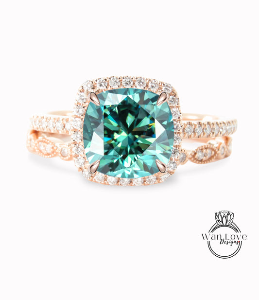 Blue Moissanite & Diamond Halo Engagement Ring Set, Full Eternity Leaf Wedding Band, 14k 18k White Yellow Rose Gold-Platinum-Custom