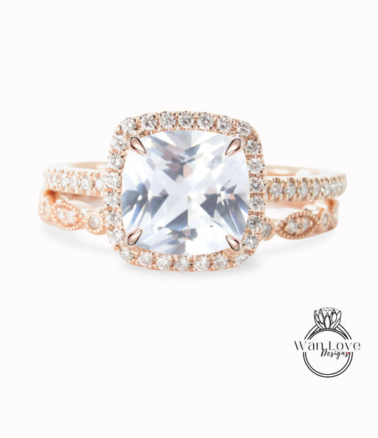 White Sapphire engagement ring set white gold Diamond halo wedding ring Dainty antique Bridal Half eternity bridal set Promise Anniversary