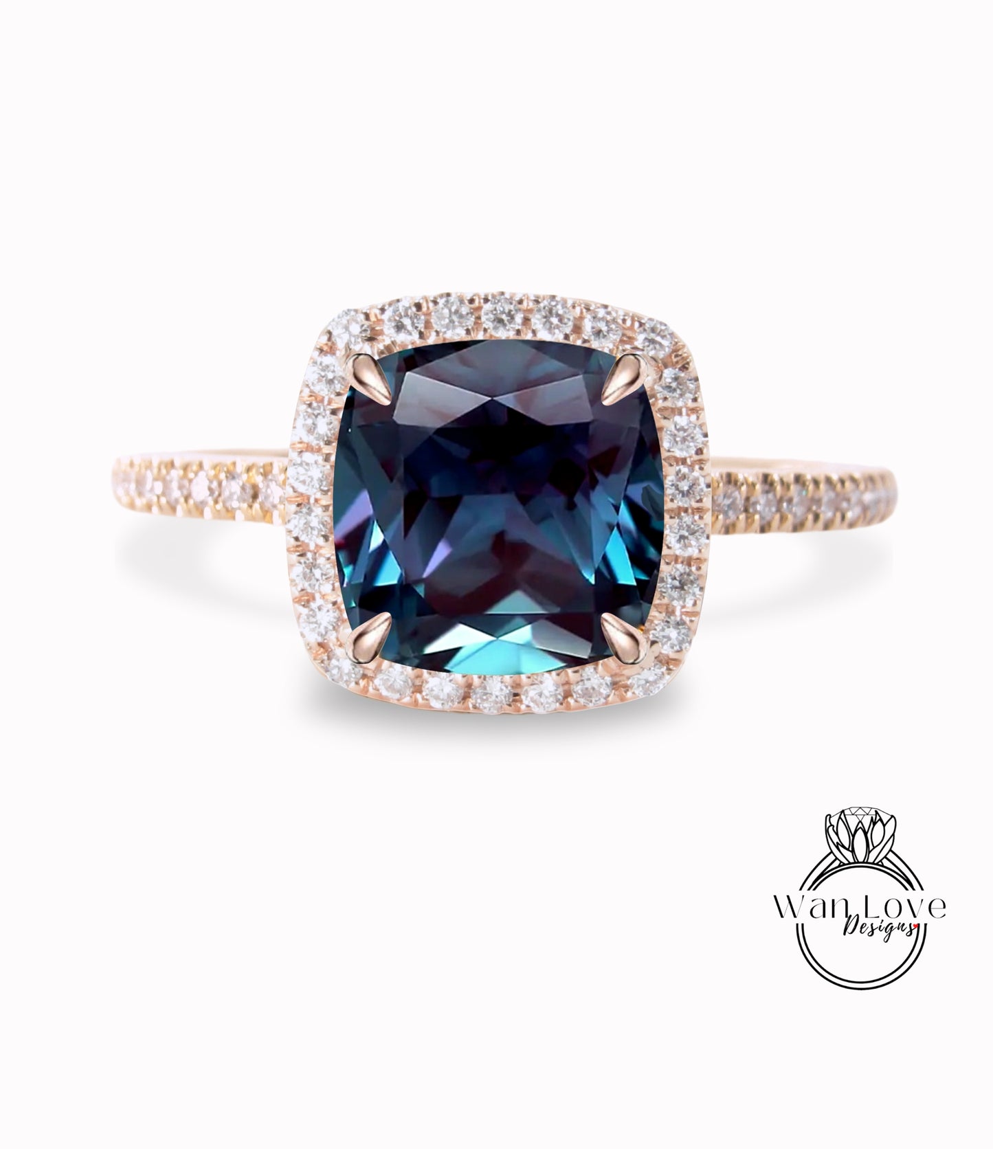 Alexandrite & Diamond Cushion Halo Engagement Ring, Half Eternity Rose White Gold ring Custom, Bridal Wedding ring, Anniversary Gift