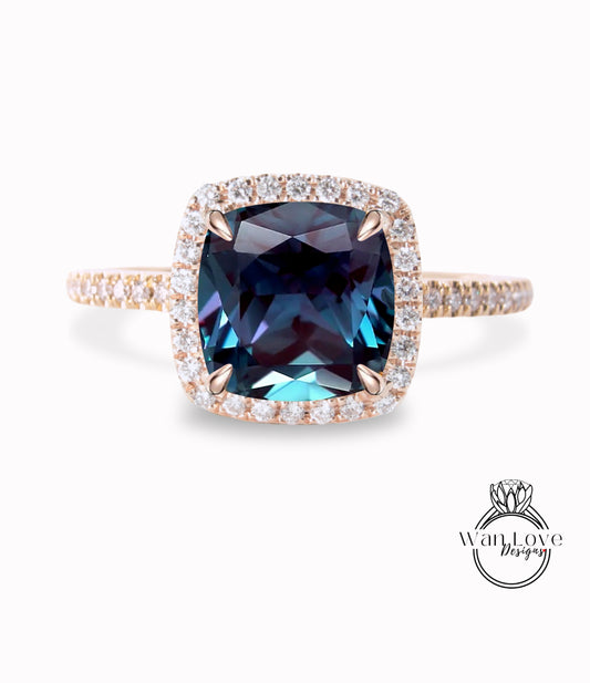 Anello di fidanzamento con alessandrite taglio cuscino, anello vintage Art Déco in oro rosa con diamanti, pietra portafortuna, anello di promessa per l'anniversario di matrimonio