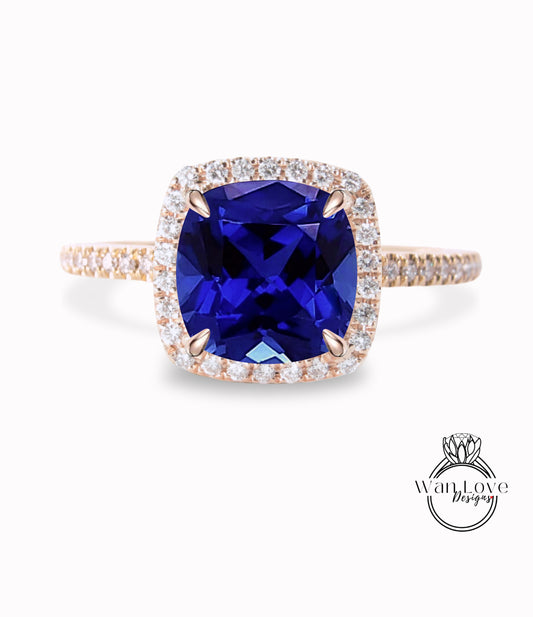 Anello di fidanzamento con zaffiro blu con taglio a cuscino, anello vintage Art Déco in oro rosa con diamanti, pietra portafortuna e zaffiro, anello per anniversario di matrimonio