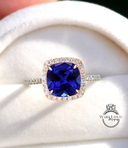 Blue Sapphire & Diamond Cushion Halo Engagement Ring, Half Eternity Rose White Gold ring Custom, Bridal Wedding ring, Anniversary Gift