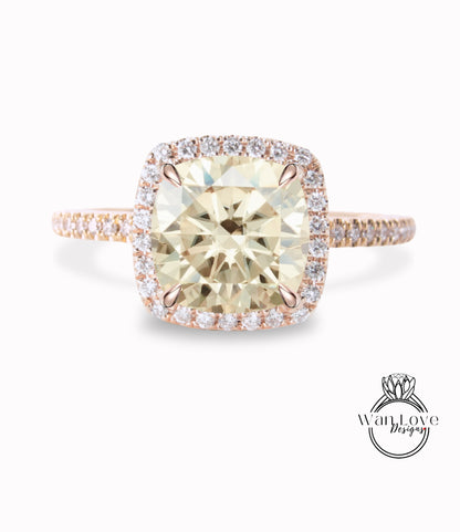 Champagne Moissanite & Diamond Cushion Halo Engagement Ring, Half Eternity Rose White Gold ring Custom, Bridal Wedding ring, Anniversary Gift