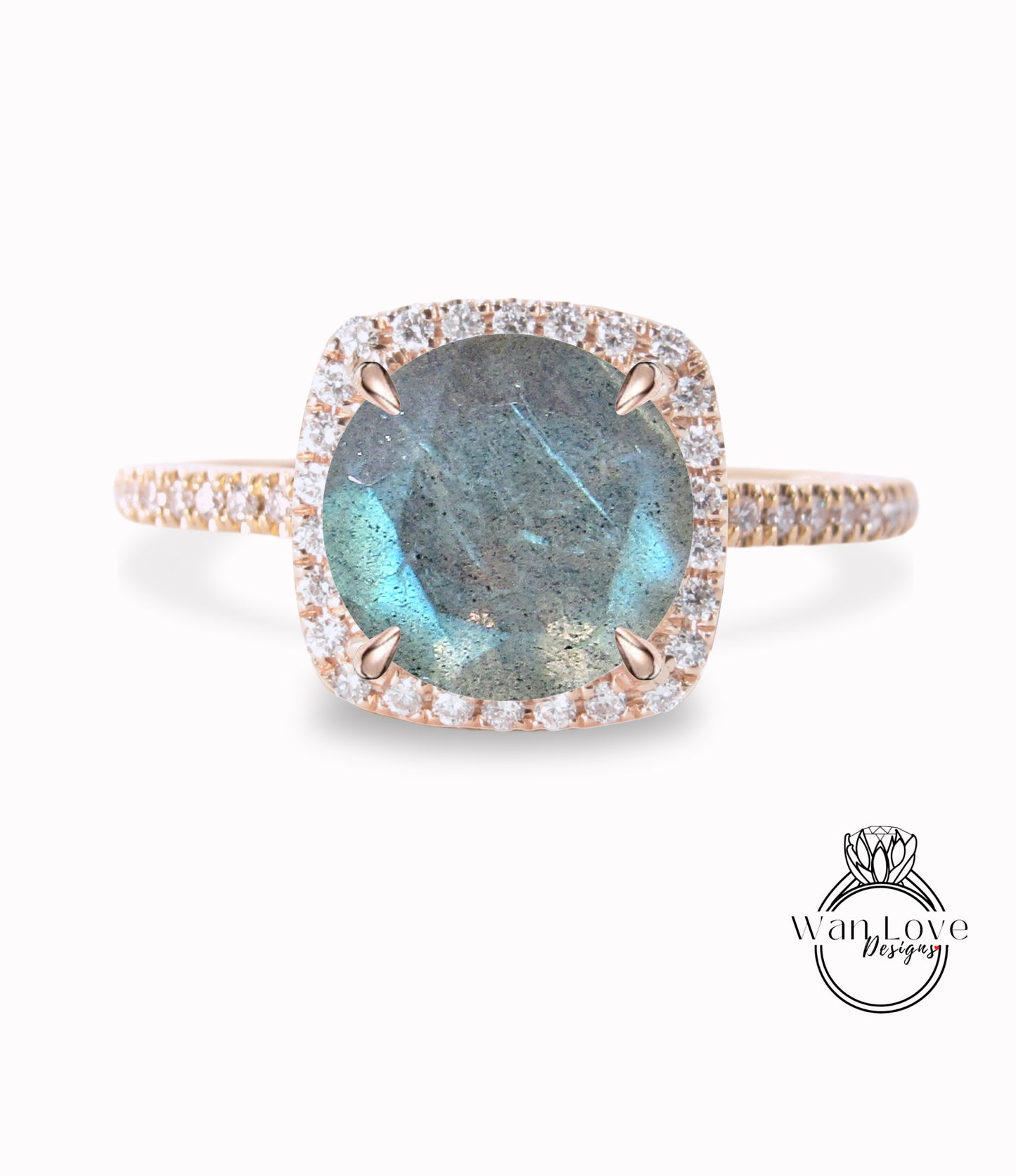 Labradorite & Diamond Cushion Halo Engagement Ring, Half Eternity Rose White Gold ring Custom, Bridal Wedding ring, Anniversary Gift