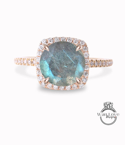 Labradorite & Diamond Cushion Halo Engagement Ring, Half Eternity Rose White Gold ring Custom, Bridal Wedding ring, Anniversary Gift