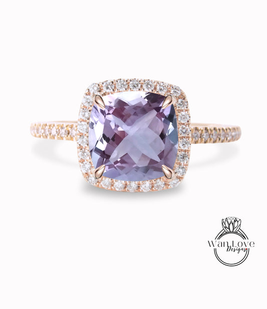 Anello di fidanzamento con ametista lavanda e diamante Halo, cuscino, rotondo, leggero, personalizzato, matrimonio, regalo di anniversario, impegno