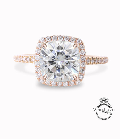 Cuscino Halo con diamante Anello Moissanite con diamante a taglio rotondo Anello di fidanzamento Art Déco in oro rosa con cuscino Anello vintage con promessa di matrimonio