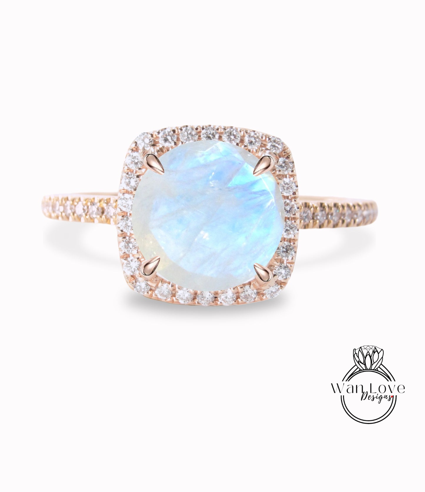 Moonstone & Diamond Cushion Halo Engagement Ring, Round cut, 14k 18k White Yellow Rose Gold,Platinum,Custom,Wedding,Anniversary Gift