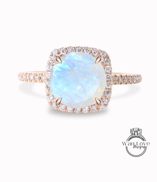 Anello di fidanzamento Halo con cuscino in pietra di luna e diamanti, taglio rotondo, oro rosa giallo bianco 14k 18k, platino, personalizzato, matrimonio, regalo di anniversario