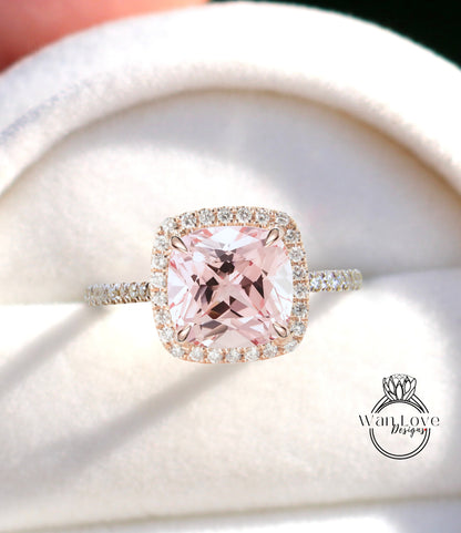 Light Pink Sapphire & Diamond Cushion Halo Engagement Ring, Half Eternity Rose White Gold ring Custom, Bridal Wedding ring, Anniversary Gift