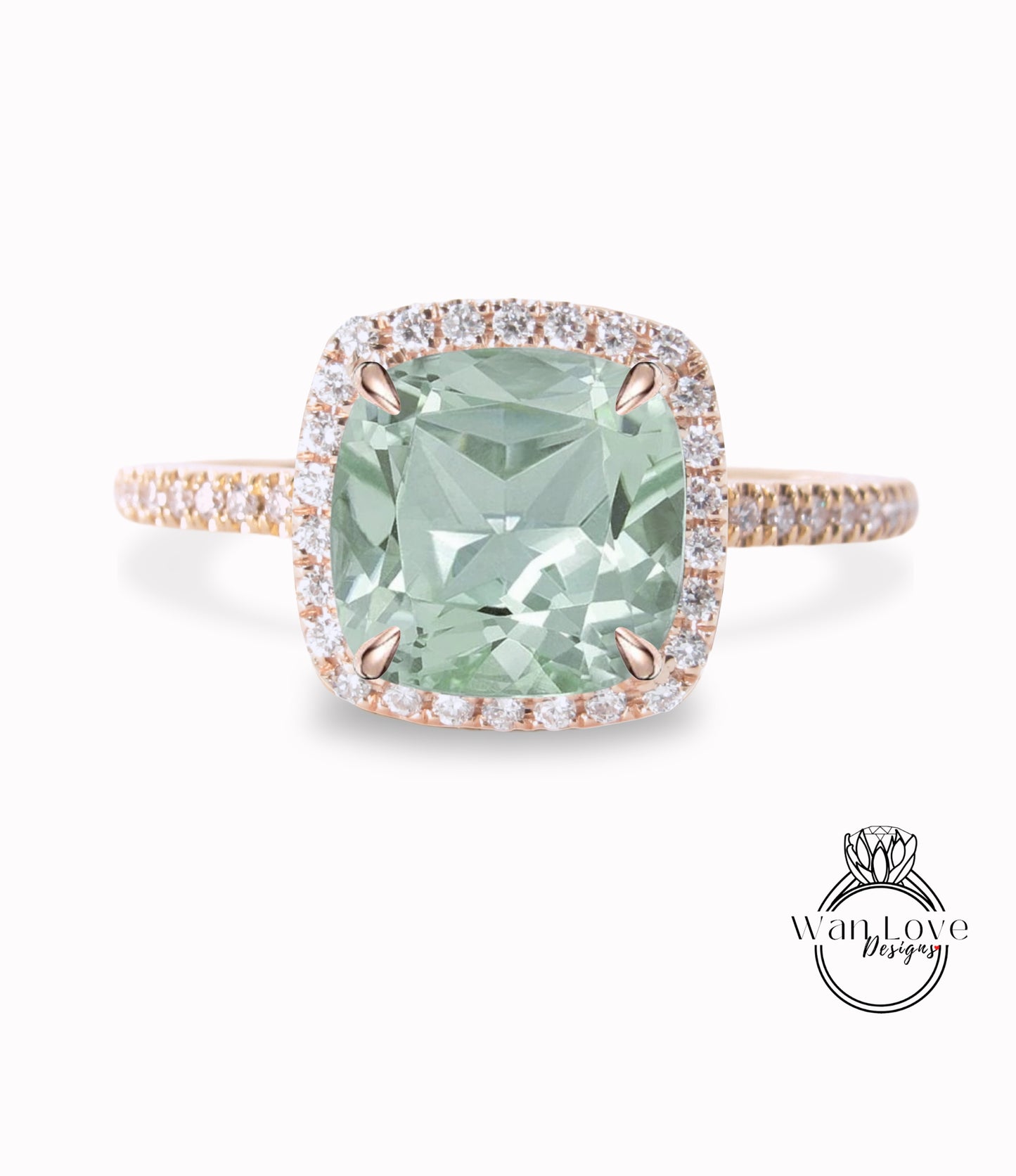 Prasiolite Green Amethyst & Diamond Cushion Halo Engagement Ring, Half Eternity Rose White Gold ring Custom, Bridal Wedding ring, Anniversary Gift