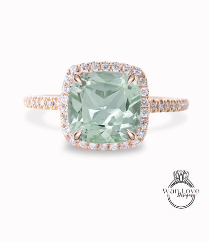 Prasiolite Green Amethyst & Diamond Cushion Halo Engagement Ring, Half Eternity Rose White Gold ring Custom, Bridal Wedding ring, Anniversary Gift