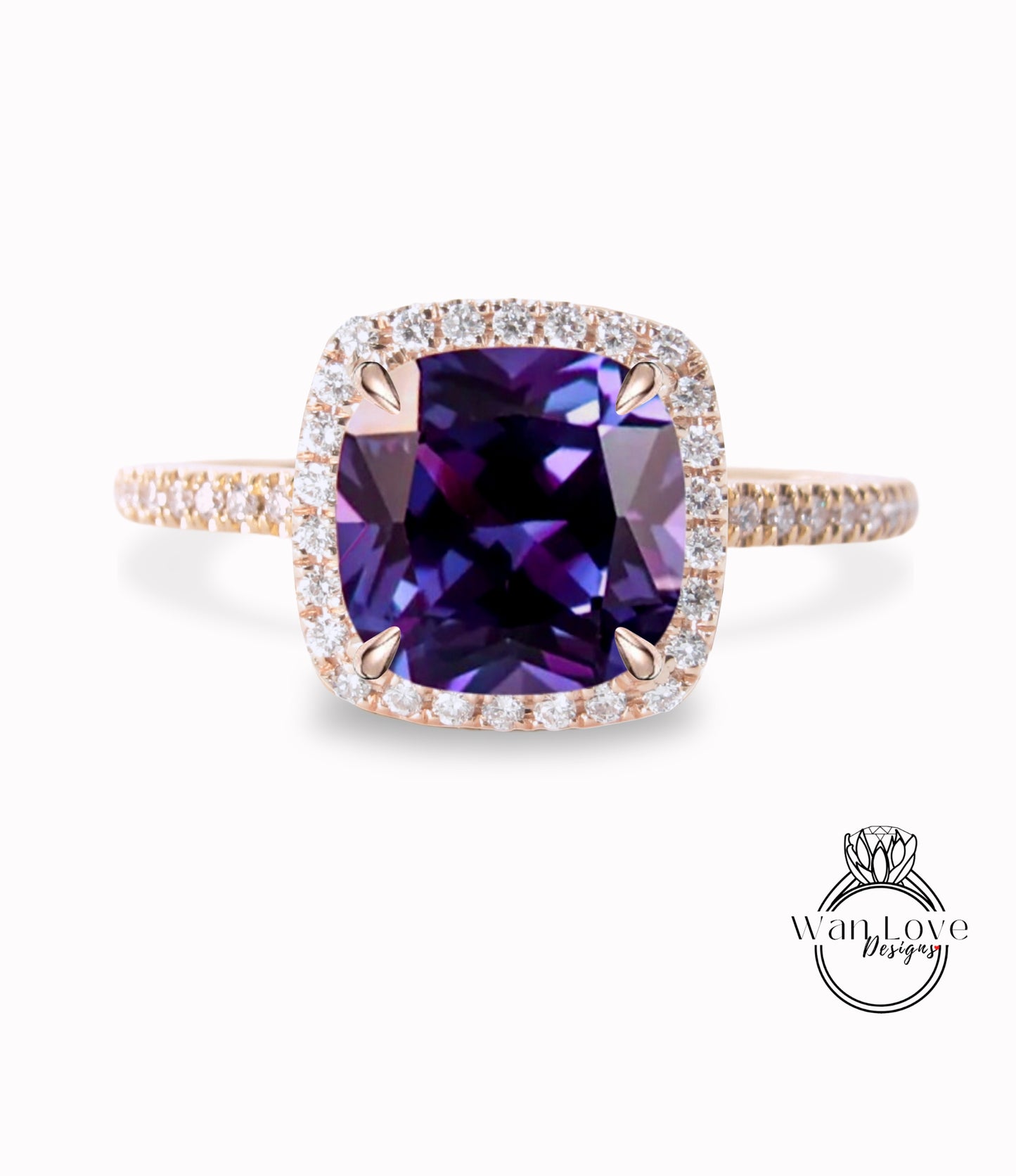 Purple Sapphire Alexandrite Color & Diamond Cushion Halo Engagement Ring, Half Eternity Rose White Gold ring Custom, Bridal Wedding ring, Anniversary Gift