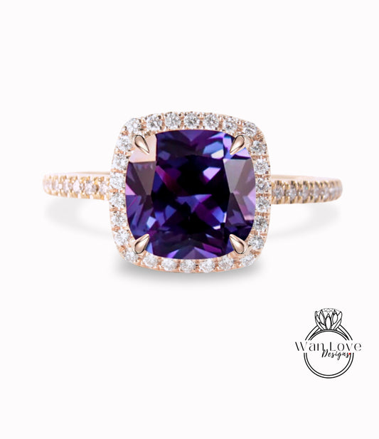 Anello di fidanzamento Halo con zaffiro viola, colore alessandrite e diamante, personalizzato, matrimonio, oro giallo rosa bianco 14k 18k, platino