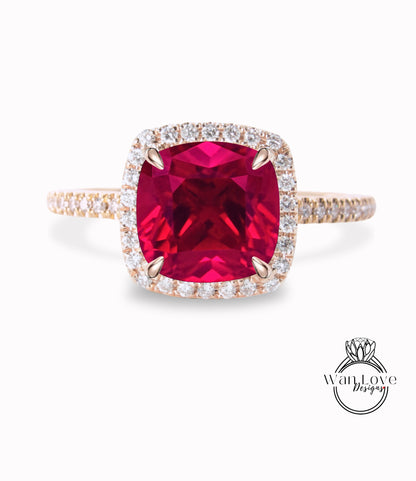 Cushion cut Ruby engagement ring vintage Art deco rose gold diamond halo ring Red Ruby birthstone Bridal wedding Anniversary promise ring