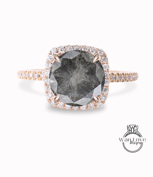 Anello di fidanzamento Halo con cuscino di diamanti sale e pepe, galassia, anello di fidanzamento con punta aureola con diamante a taglio rotondo, anello di diamanti sale e pepe in oro