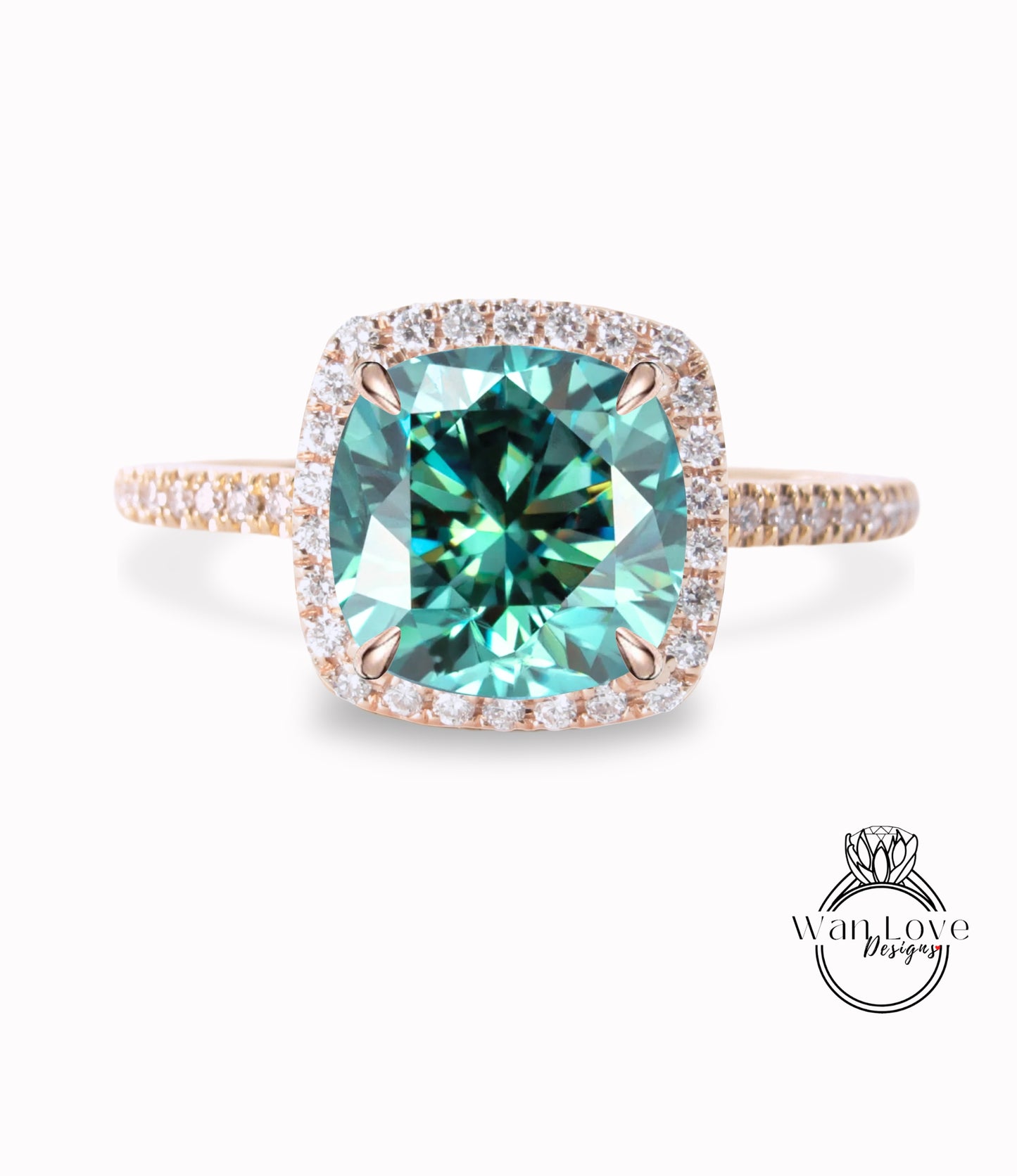 Teal Blue Green Moissanite & Diamond Cushion Halo Engagement Ring, Half Eternity Rose White Gold ring Custom, Bridal Wedding ring, Anniversary Gift