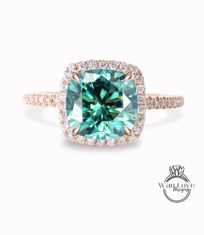 Teal Blue Green Moissanite & Diamond Cushion Halo Engagement Ring, Half Eternity Rose White Gold ring Custom, Bridal Wedding ring, Anniversary Gift