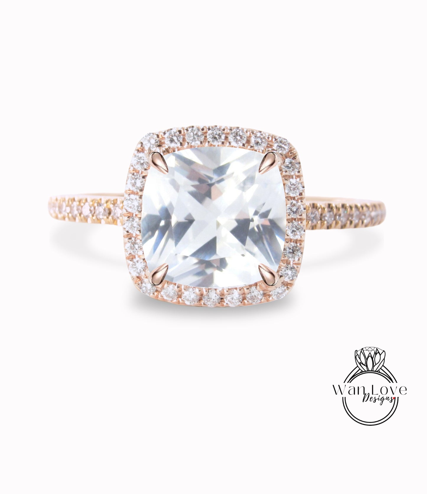 White Sapphire & Diamond Cushion Halo Engagement Ring, Half Eternity Rose White Gold ring Custom, Bridal Wedding ring, Anniversary Gift