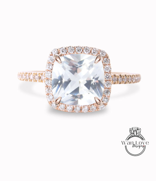 Anello di fidanzamento con zaffiro bianco taglio cuscino, anello vintage Art Déco in oro rosa con diamanti, pietra portafortuna, anello di promessa per l'anniversario di matrimonio