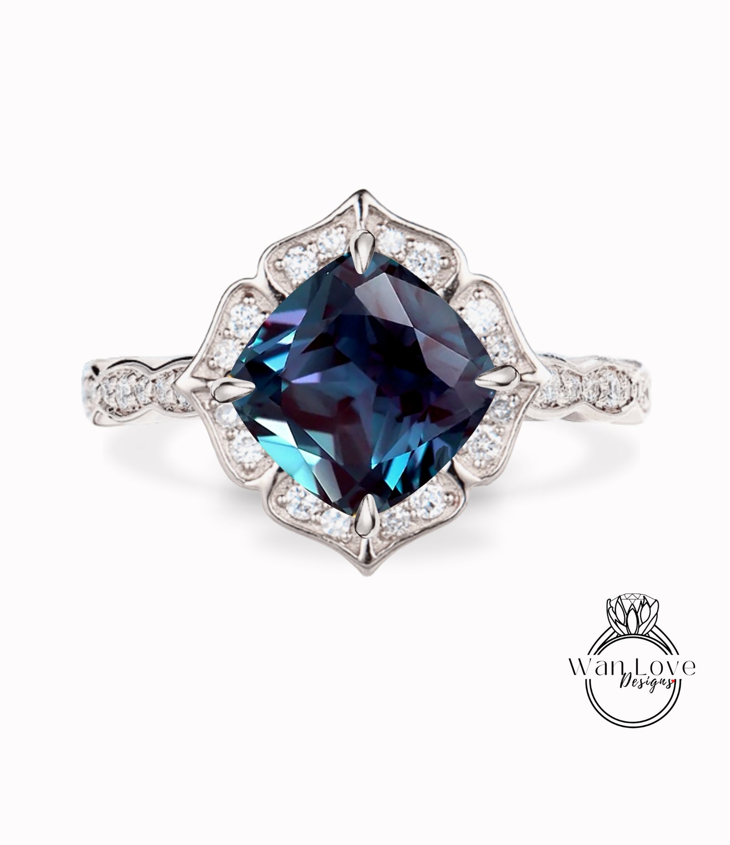 Anello di fidanzamento vintage con alessandrite Anello a forma di cuscino con taglio rotondo Anello nuziale antico smerlato in milgrain Anello di promessa di anniversario