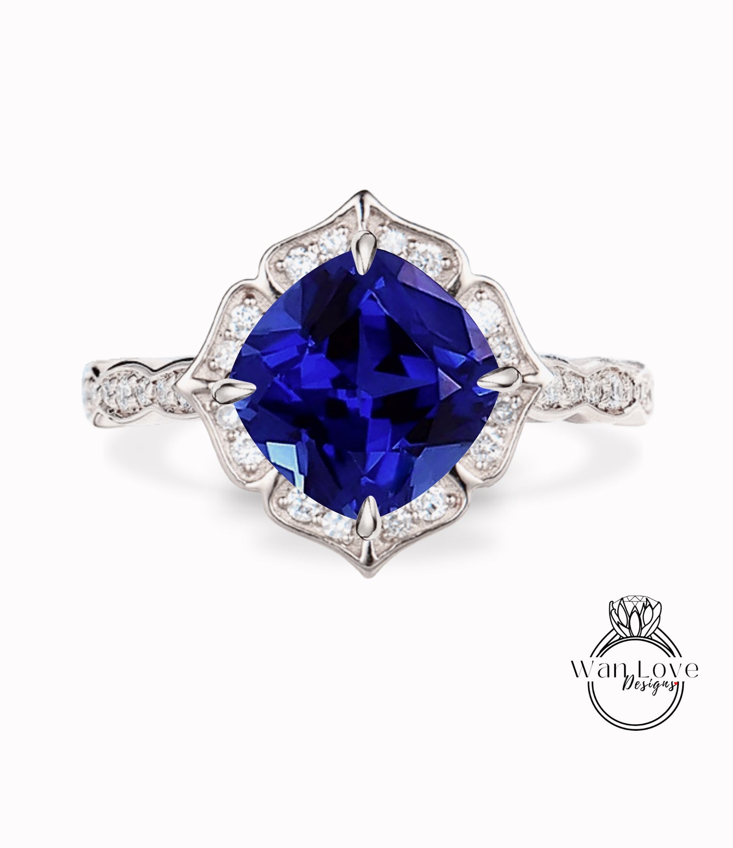 Blue Sapphire & Diamond Scalloped Floral Cushion Halo Leaf Antique Engagement Ring, WITH or WITHOUT Milgrain, 14k 18k Gold, Platinum Anniversary Gift