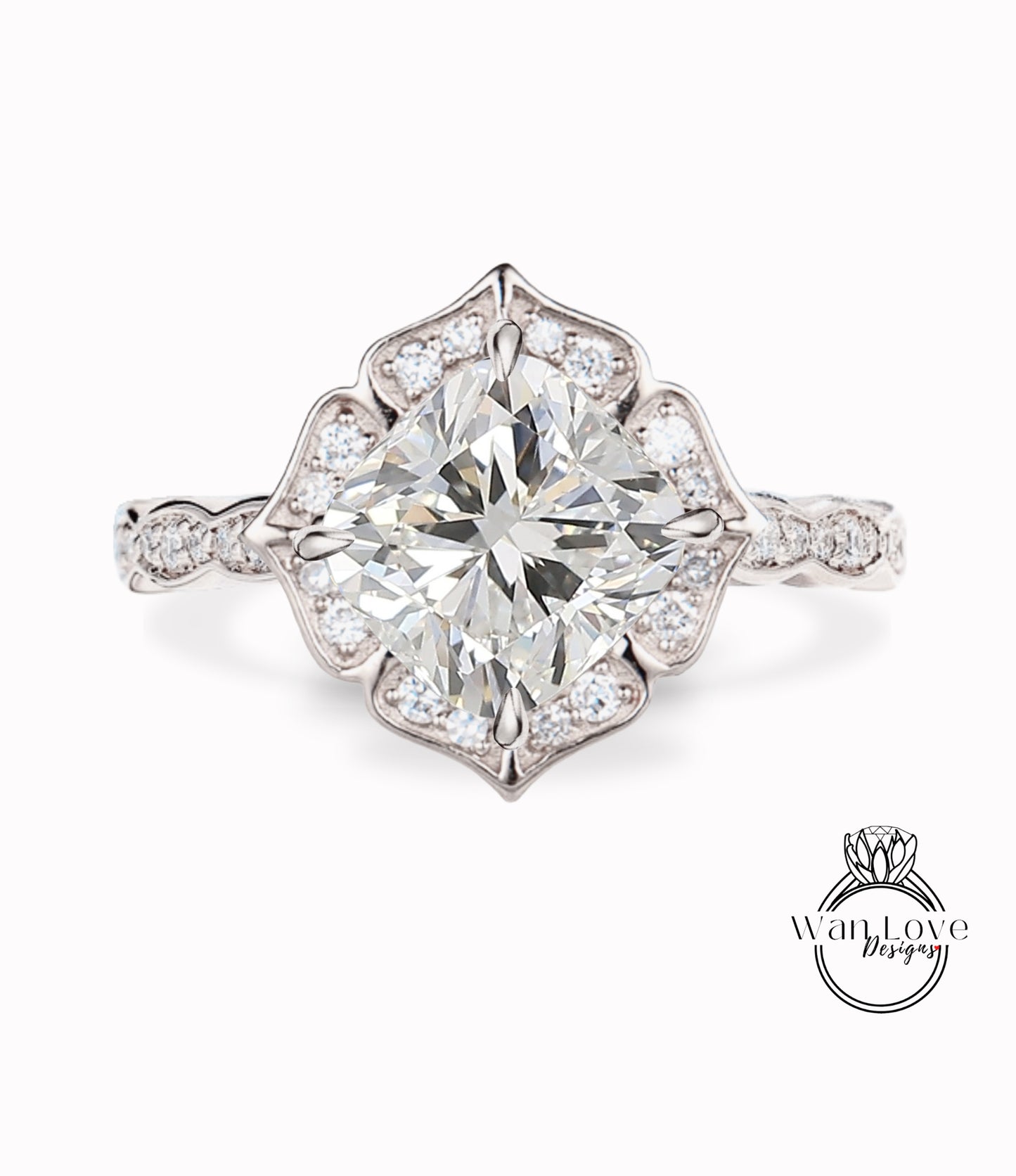 Diamond Scalloped Floral Cushion Halo Leaf Antique Engagement Ring, WITH or WITHOUT Milgrain, 14k 18k Gold, Platinum Anniversary Gift