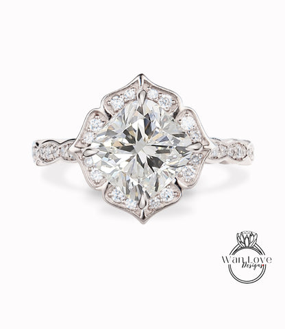 Diamond Scalloped Floral Cushion Halo Leaf Antique Engagement Ring, WITH or WITHOUT Milgrain, 14k 18k Gold, Platinum Anniversary Gift